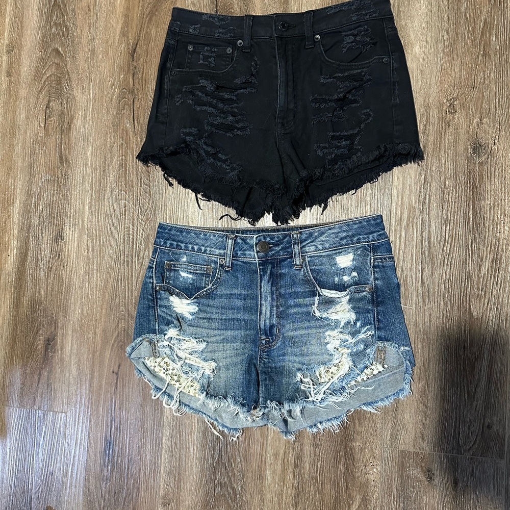 American Eagle Outfitters Black and Blue Distressed Jean Shorts